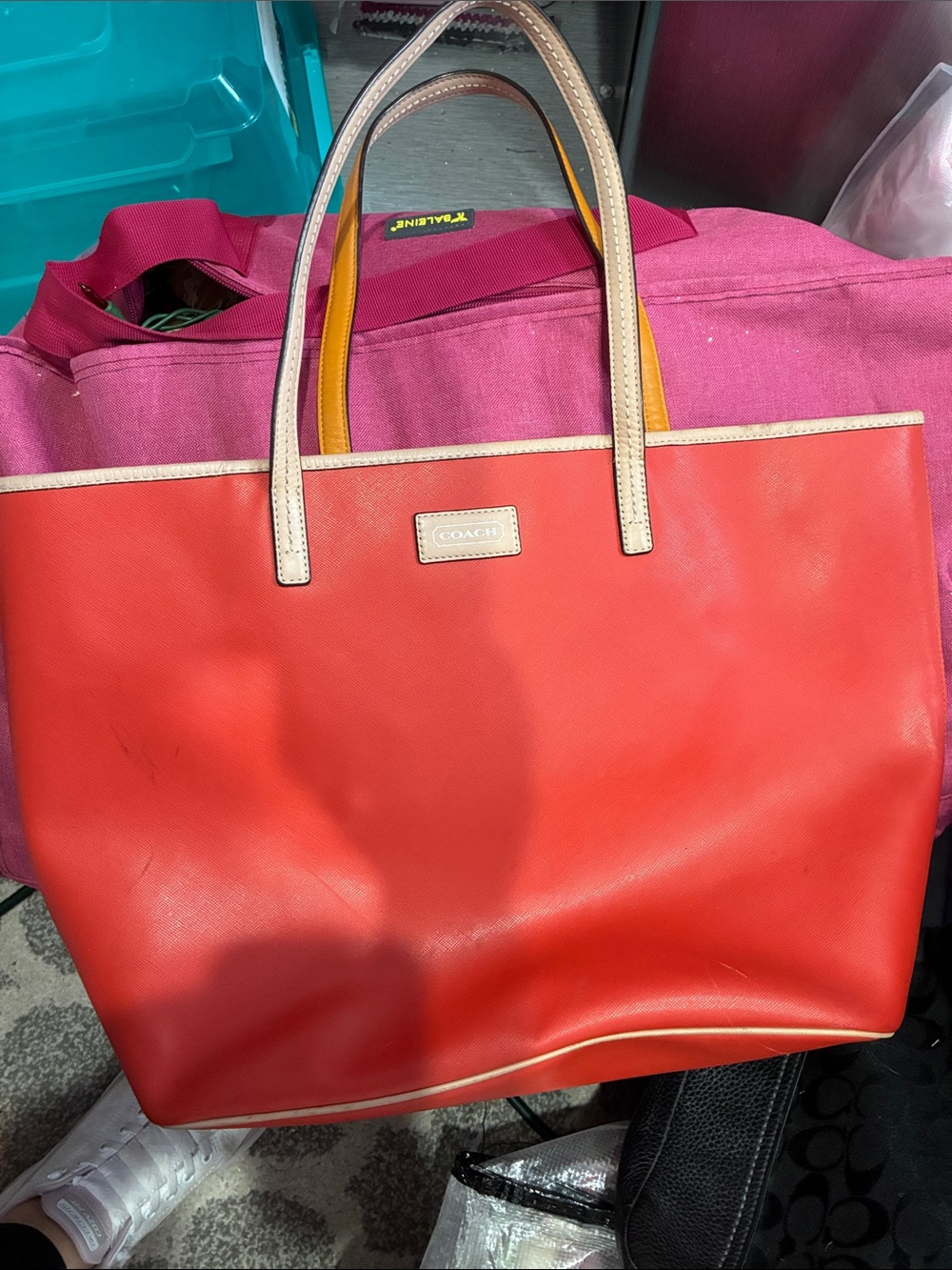 Coach Orange-Red Leather Tote with Cream Trim